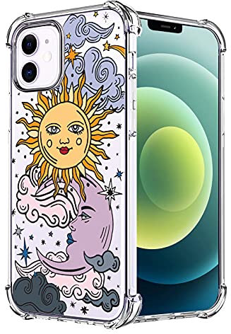 HEYORUN Sun Moon Design Clear Case Compatible for iPhone 12 Mini 5.4 Inches, Star Cloud Girls and Women Back Case Cover, Cute Cartoons Transparent Soft TPU Bumper Shockproof Protective Phone Case