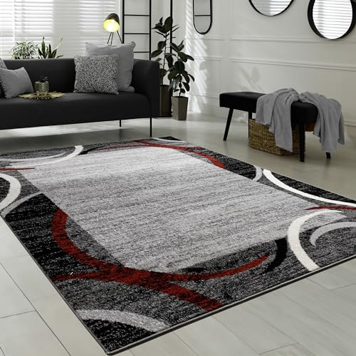 Paco Home Wohnzimmer Teppich Bordüre Kurzflor Meliert Modern Hochwertig Grau Schwarz Rot, Grösse:80x300 cm