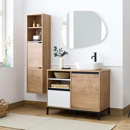Miroytengo Pack Muebles para baño Támesis Estilo Industrial Roble Gold y Blanco (Mueble baño + Columna + Lavabo cerámico)