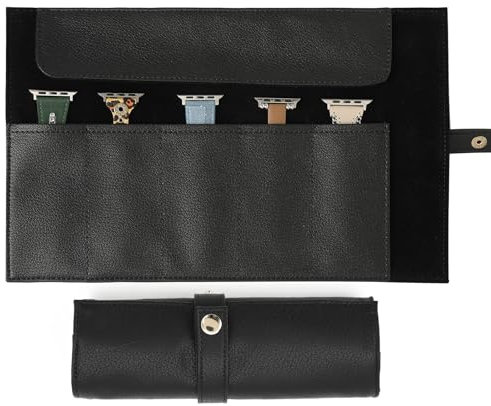 GELVTIC Uhrenarmband-Organizer, Leder, Reiseuhrenrolle, hält 5 Uhrenarmbänder, Aufbewahrungskoffer für Damen und Herren, tragbare Organizer-Tasche, kompatibel mit Apple Watch Band (WBC01-Schwarz)
