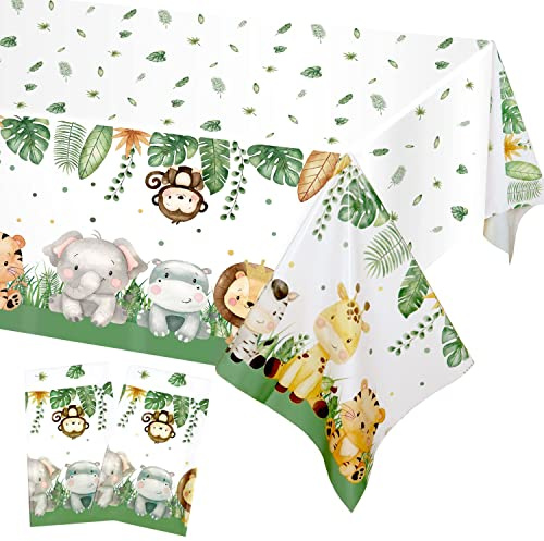 Heboland Safari Jungle Tablecloth, 274x137cm, 2 Pack | Wild One Birthday Decor, Disposable Waterproof Plastic Table Cover, Safari Animal Theme