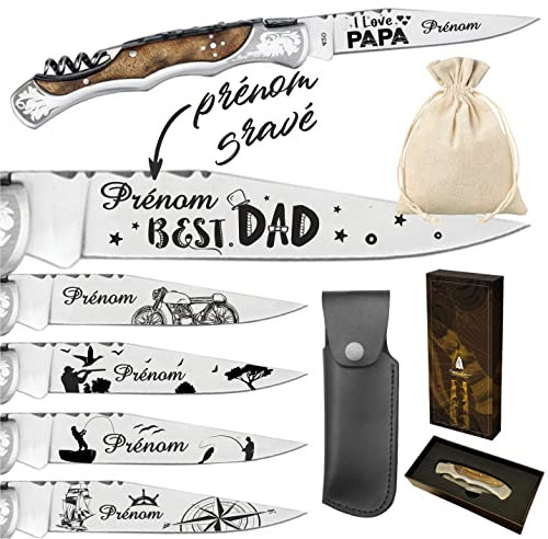 Gravure Events - Couteau marque Laguiole Bougna personnalisé avec dessin et prénom gravé - Cadeau pour homme : fête des pères, papa, papi, papy anniversaire, noël burl
