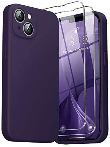 GOODVISH 3 in 1 Cover in Silicone per iPhone 14 6,1'' (2022), con 2 Pezzi di Pellicola Protettiva, Custodia per Cellulare Ultra Sottile Antiurto Resistente Protezione Fotocamera, Viola Scuro
