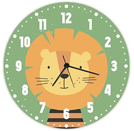 GRAVURZEILE Wanduhr Kinder Löwen Motiv - Lautlose Kinderwanduhr geeignet für Mädchen & Junge - Bunte Lernuhr für Kinder 30 cm - Einfaches Ablesen der Uhrzeit Lernen - Farbenfrohes Löwen Design