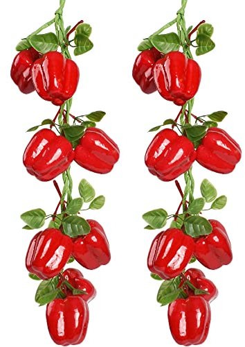 VIOCIWUO Künstliche hängende Glocken-Pfeffer-Schnur, 2 Stück, simulierte, lebensechte Chili-Gemüse-Obstgirlande, Rebe für Zuhause, Küche, Obstladen, Supermarkt, Bauernhof, Party, Wanddekoration