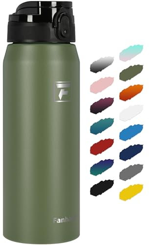 Fanhaw 750 ml Bottiglia Termica in Acciaio Inossidabile con 1 Coperchio (Chug Lid) - Per Bambini, Donne, Uomini Anti-Perdita e Anti-Condensazione con Coperchio Anti-Polvere (Verde Oliva)