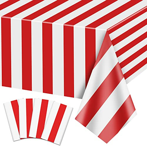 4 Stück Rote und Weiße Streifen Tischdecken, Karneval Thema Party Dekorationen, 130 x 270cm Plastik Tischdecke, für Zirkus Party, Movie Night, Kindergeburtstag, Picknick