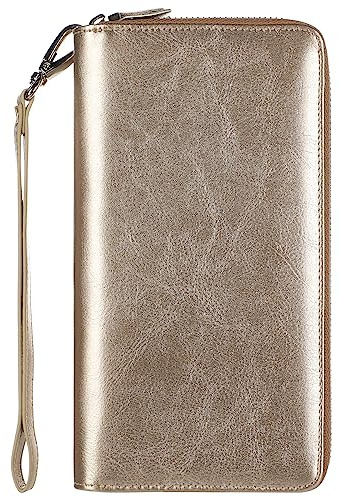 Lavemi RFID-blockierende Damen-Geldbörse, 100% Leder, große Kapazität, Rundumreißverschluss, Handyhalterung, Clutch, Reisebrieftasche mit Armband