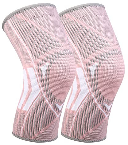 Kniestütze Kompression Kniebandage 2 Stück mit Rutschfestem Silikonstreifen Elastisch Knie Sleeve für Männer Damen für Arthritis ACL Meniskusriss Sport Fitness Joggen (Rosa, L)