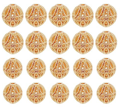 PandaHall 20 Stück Goldene Runde Perlen 14K Vergoldete Messing Hohlperlen 8mm 10mm Filigrane Perlen Metall Abstandsperlen Lose Perlen Für Ohrringe Armbänder Anhänger Taillenketten Halsketten Schmuck