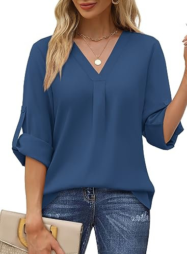 Aokosor Ladies Blouses Womens V Neck Long Sleeve Tops Chiffon Tunics Blue 22-24, XXL