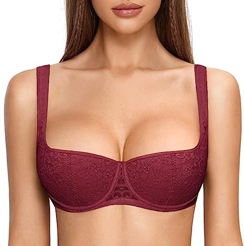 DOBREVA Women's Push Up Bra Sexy Balconette Bra Padded Half Cup Lace Underwired Dark red 38D