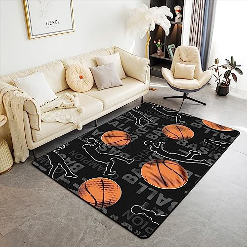 Basketball-Wohnzimmerteppich, 100 x 150 cm, Ballspiele, dekorativer Teppich, Gaming, Sportbereich, Teppich, schwarzer Akzentteppich für Jungen, Mädchen, Kinder