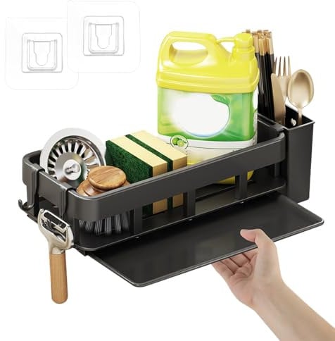 TSASWEET Spülbecken Organizer Hängend Spülorganizer Küche Spüle Organizer Wand Sink Organizer Schwammhalter Spülbecken Caddy Organizer ohne Bohren Klebstoff Haken Stäbchenhaltern Ablaufwanne Schwarz