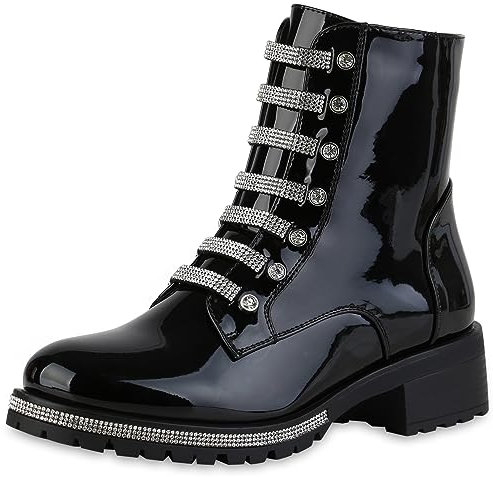 VAN HILL Damen Klassische Stiefeletten Blockabsatz Strass Trendy Schuhe 840586 213269 Schwarz Lack 39