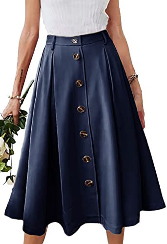 JayscreateEU Damen Rock Midirock Rock Lang Hohe Taille Rock Knielang A Linie Damen Mit Taschen Sommer Rock Mit Falten Maxirock Herbst Rock mit Fransen,Blau,XXL