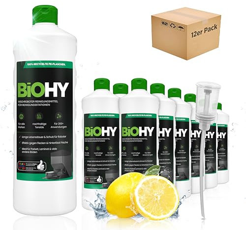 BiOHY Wischroboter Reinigungsmittel für Reinigungsstationen mit Frischeduft (12 x 1 Liter) + Dosierer | Verlängert die Lebensdauer der Absaugstation | Schaumarmes Bodenreiniger Konzentrat