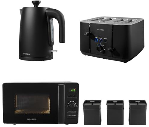 Salter COMBO-8857 Kuro Kettle Toaster Microwave Set – With Storage Canisters, Tea/Coffee/Sugar Tins, 1.7L Fast Boil Kettle, 4-Slice Toaster, Freestanding 20L LED Digital Microwave Oven, Black