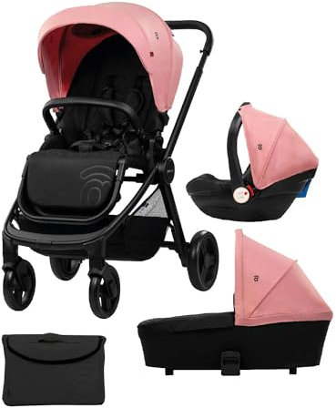 Asalvo GENIUS 2 Trio convertible 3 en 1, poussette, landau, siège auto, confortable, sûr, capote extensible, suspension sur les roues, frein arrière, charge maximale 23 kg, rose