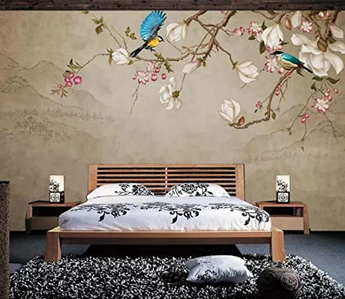 Grand sticker mural Arbres à fleurs et oiseaux volants 250cm×175cm(LxH)