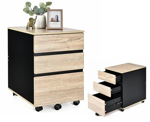 KOMFOTTEU Aktenschrank mit 5 Universalrollen, Rollcontainer mit 3 Schubladen, Bürowagen Büroschrank für DokumenteBrief, Schubladenschrank Schubladenkommode Druckerständer