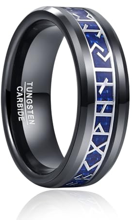 TUNGSTORY Wikinger Ring Herren 8mm Wolfram Schwarz Ring mit Blaue Kohlefaser Wikinger Schmuck Herren Ehering Größe 57.0(18.1)