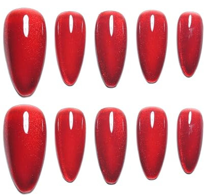 Sun&Beam Nails Handmade Press-on Medium Long Amlond Red Ruby Magnet False Nail Tips Design Fashionable 10 Pcs Set (#162 L)