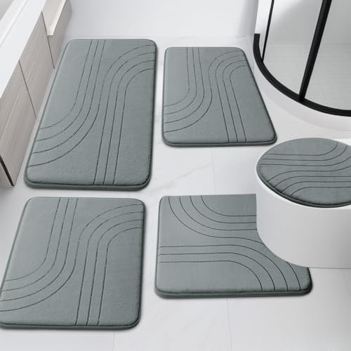 YIHOUSE Badezimmerteppich-Set, weich, rutschfest, Memory-Schaum, extra dicke Badematten für Badezimmer, maschinenwaschbar, Badteppich-Set für Badewanne, WC und Boden, Hellgrau, 5-teilig