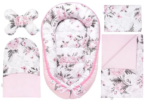 PEPI - 5 teilig Babynestchen Set - Babynest 95x50 - Babydecke - Matratze - Kopfkissen - Kissen - 100% Baumwolle - Baby Erstausstattung Neugeborene - (Baumwolle, pink folwers)