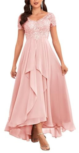 KURFACE Robe de soirée formelle à manches courtes en mousseline de soie et dentelle pour femme, rose, 36