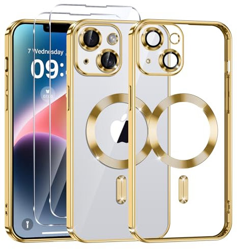 Phoona Klare Magnetisch Hülle für iPhone 14 6,1 Zoll, mit 2 Stück Gehärtete Glas Schutzfolie, Anti-Gelb, Stoßfest Kabellosem Laden, Anti Scratch, Gold