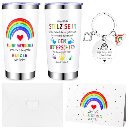 RUIYELE Erzieherin Dankeschön Geschenkset- 20 oz Thermosbecher Trinkbecher Kaffeebecher Schlüsselanhänger Dankeskarte und Umschlag Abschiedsgeschenk für Lehrer Lehrerin Kindergarten Tagesmutter