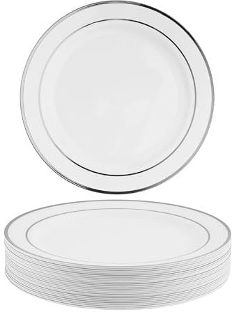 MATANA 100 Premium White Plastic Dinner Plates with Silver Rim, 26cm / 10 Inch - Elegant & Reusable Party Plates for Weddings, Birthdays, Picnic, BBQ, Parties