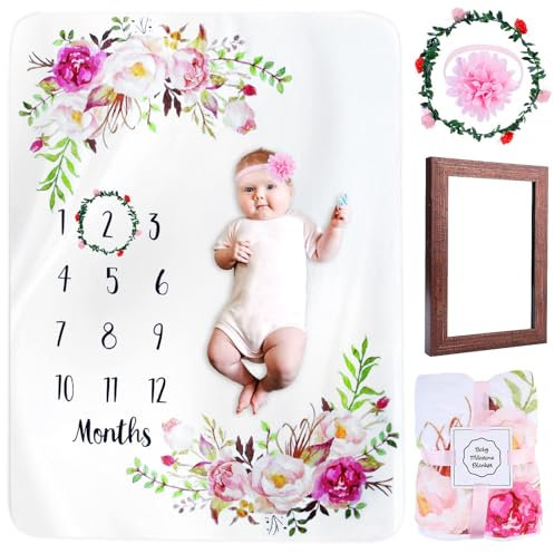 BORDEAG Meilensteindecke Baby Monats Decke, Babydecke Mit Blumenmuster, Monatsdecke Baby Junge & Mädchen, Babydecke Mit Monat Als Geschenk Zur Geburt 130x100cm