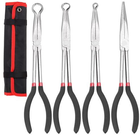 Tanstic 4Pcs Hose Grip Pliers & Long Needle Nose Pliers Set, 5/16”, 1/2”, 3/4”Long Reach Hose Grip Pliers Ring Nose Hose Gripper Pliers Offset Spark Plug Boot Removal Pliers for Narrow Spaces