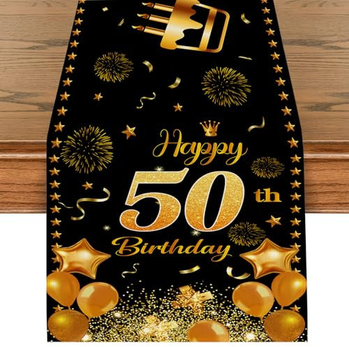 Tischläufer 50 Geburtstag Schwarz Gold Happy 50th Birthday Tischband zum 50. Geburtstag Mann und Frau Ihr Jahrestag Feier Party Dinner Tischdeko Tischdecke Deko für Zuhause 180x35cm