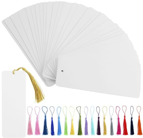 Blanko Lesezeichen, 62 Stück Leeres Lesezeichen mit 62 Bunten Quasten, Papier Lesezeichen Basteln mit Loch, Lesezeichen Rohlinge Set für DIY Handwerk Geschenkanhänger (Weiß, 14x5cm)