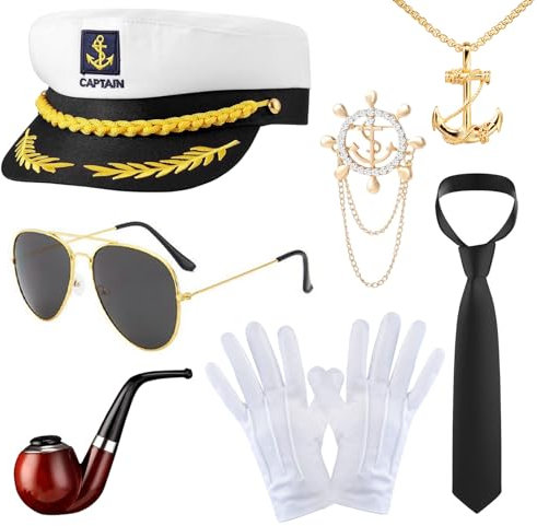 ZITUZY 7 Stücke Kapitänsmütze für Erwachsene, Kapitänsmütze Kostüm Set, Yacht Kapitän Hut Kapitänsmütze Kostüm Set, für Erwachsene, Frauen, Männer, Karneval, Mottoparty, Cosplay