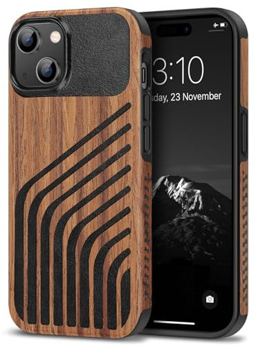 TENDLIN Kompatibel mit iPhone 15 Hülle Holz und Carbon Textur Design Leder Hybrid Handyhülle (Haaransatz)