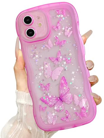 UEEBAI Wave Butterfly Case for iPhone 11 Case, Pretty Bling Star Butterfly for Women Cute Shiny Glitter Phone Cover for Girls Bling Clear Cover Curly Shockproof Girly Shell - Hot Pink