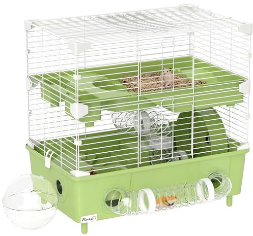 PawHut Cage pour Hamster à 2 Niveaux, Habitat pour Petits rongeurs avec Roue de Course, Salle de Bain en Sable, système de tuyaux, pour Hamster Nain, 44,5 x 28 x 44 cm, Vert