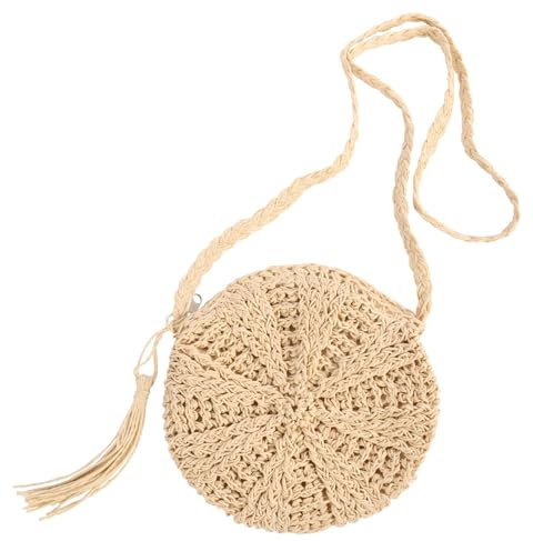 Straw Shoulder Bag for Women Beach Crossbody Tote with Zipper Handmade Round Woven Handle Bohemian Purse Summer Tassel Outdoor Travel Straw Handbag (beige)