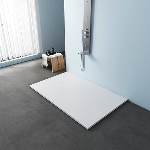 MEDUNJESS Duschwanne 140x90 cm SMC Flache Antirutsch Schieferoptik Duschtasse, 26mm Zuschneidbare Brausewanne mit SMC Deckel, Ø 90mm Ablauföffnung Weiß (ohne Siphon)