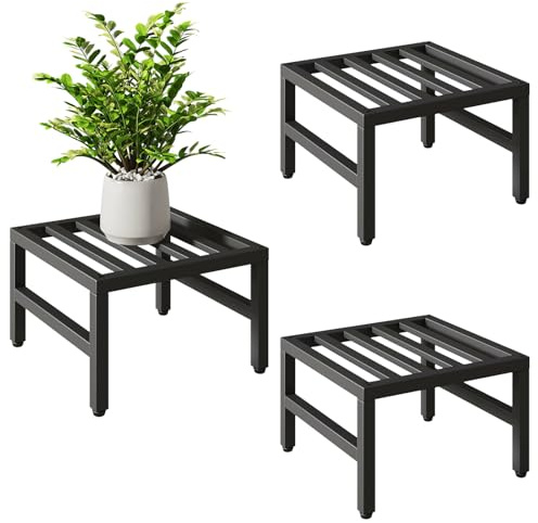 IBUYKE 3 Pack Metal Plant Stand Indoor, 30cm Heavy Duty Small Flower Pot Stand, Modern Square Plant Shelf Flower Stand for Living Room Patio Balcony Garden, Black TMJ075B-3