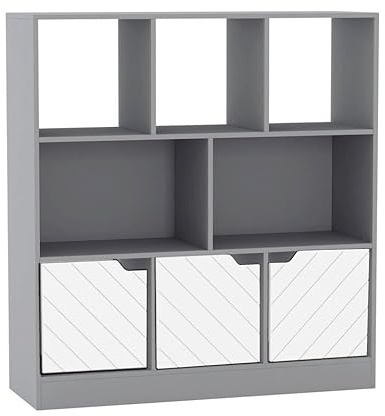 URBNLIVING Asymmetrical 8 Cube Grey Bookcase – Freestanding Storage Shelf Unit with 3 Doors for Living Room, Bedroom & Office - Line Design Doors - White