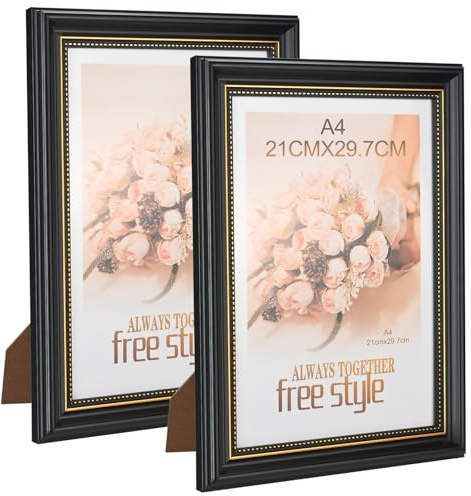 2 Pack A4 Bilderrahmen Schwarz - 21x29.7cm mit gehärtetem Glas, Dekorativ Vintage Wand- & Tischrahmen Horizontal & Vertikal Einsetzbar für Hochzeit, Familie, Festival Geschenk, für Fotos und Poster