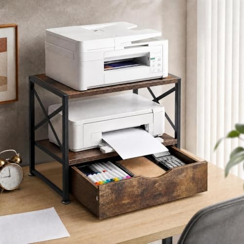 Panana 2 Tier Desktop Printer Stand, Printer Table with Storage Drawer | Multi-purpose Wooden Desk Organizer for Fax Machine,Scanner, Home Office,44 x 29 x 34cm, Rustic Brown