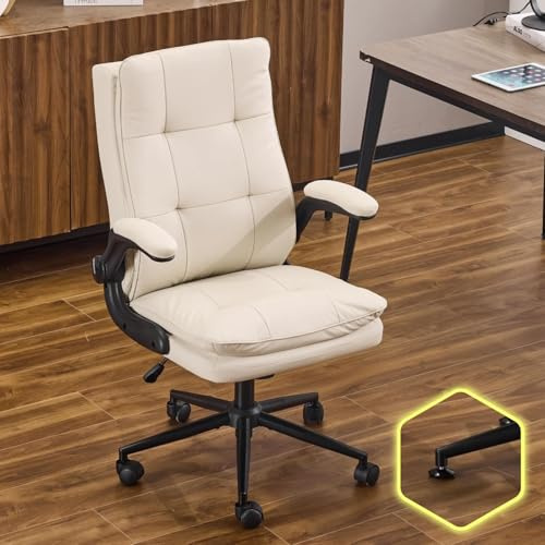 Bonnlo Comfy Leather Office Desk Chair,Ergonomic High-Back Executive Computer Gaming Chair with Replaceable Wheels, Adjustable Height & Flip-up Armrests,360 Swivel Task Chair for Home Office, Khaki