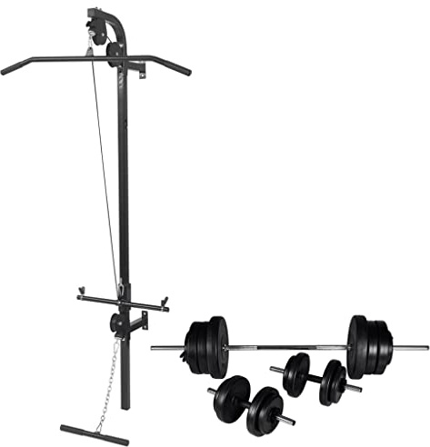 QUAHEAS Fitness Station Wall Mounted Power Station with Barbell Dumbbell Set 60.5 kg Steel Training Device with Cable Pull Lat Pull Tower for Muscle Building Strength Training Exercise Bike