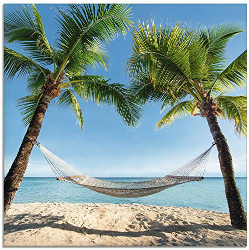 ARTland Wanddeko Glasbilder Wandbild Glas Bild einteilig Quadratisch Strand Meer Südsee Karibik Palmen Insel Urlaub Natur Hängematte T4TO